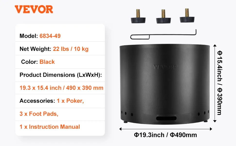 Braciere senza fumo VEVOR, nero, 19,3x15,4 pollici, 22 libbre, con attizzatoio, piedini e manuale di istruzioni.