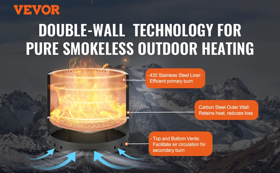 Il braciere senza fumo VEVOR è dotato di tecnologia a doppia parete per un riscaldamento esterno efficiente e senza fumo.