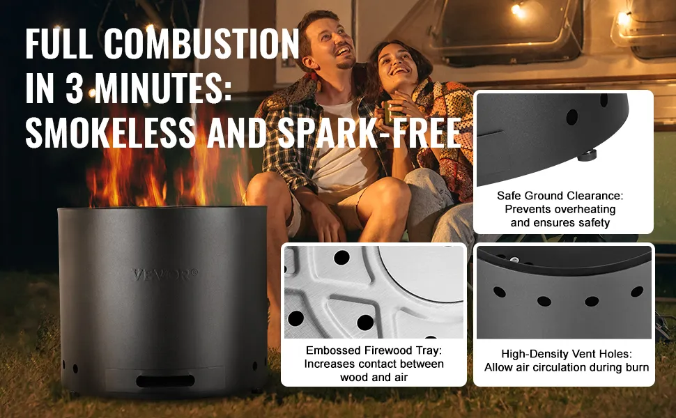 Braciere senza fumo VEVOR con fori di sfiato ad alta densità, altezza libera dal suolo e vassoio porta-legna in rilievo.