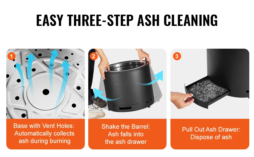 Il braciere senza fumo VEVOR presenta una semplice pulizia della cenere in tre fasi: base con fori di sfiato, agitazione della canna, estrazione del cassetto della cenere.