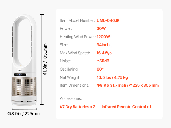 VEVOR Tower Fan Bladeless, 16.4ft/s Velocity Floor Fan that Blows