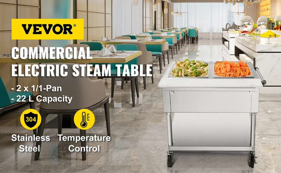 Calentador de alimentos eléctrico comercial VEVOR en un restaurante con dos bandejas de comida.