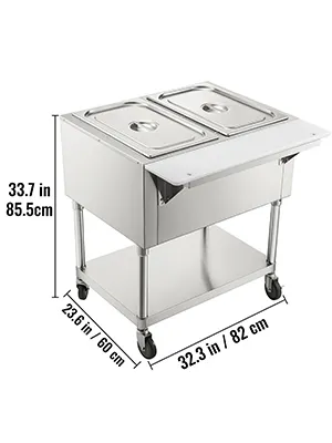 Calentador de alimentos eléctrico comercial VEVOR con dimensiones y diseño en acero inoxidable.