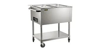 Calentador de alimentos eléctrico comercial VEVOR con ruedas con acabado en acero inoxidable y compartimentos dobles.