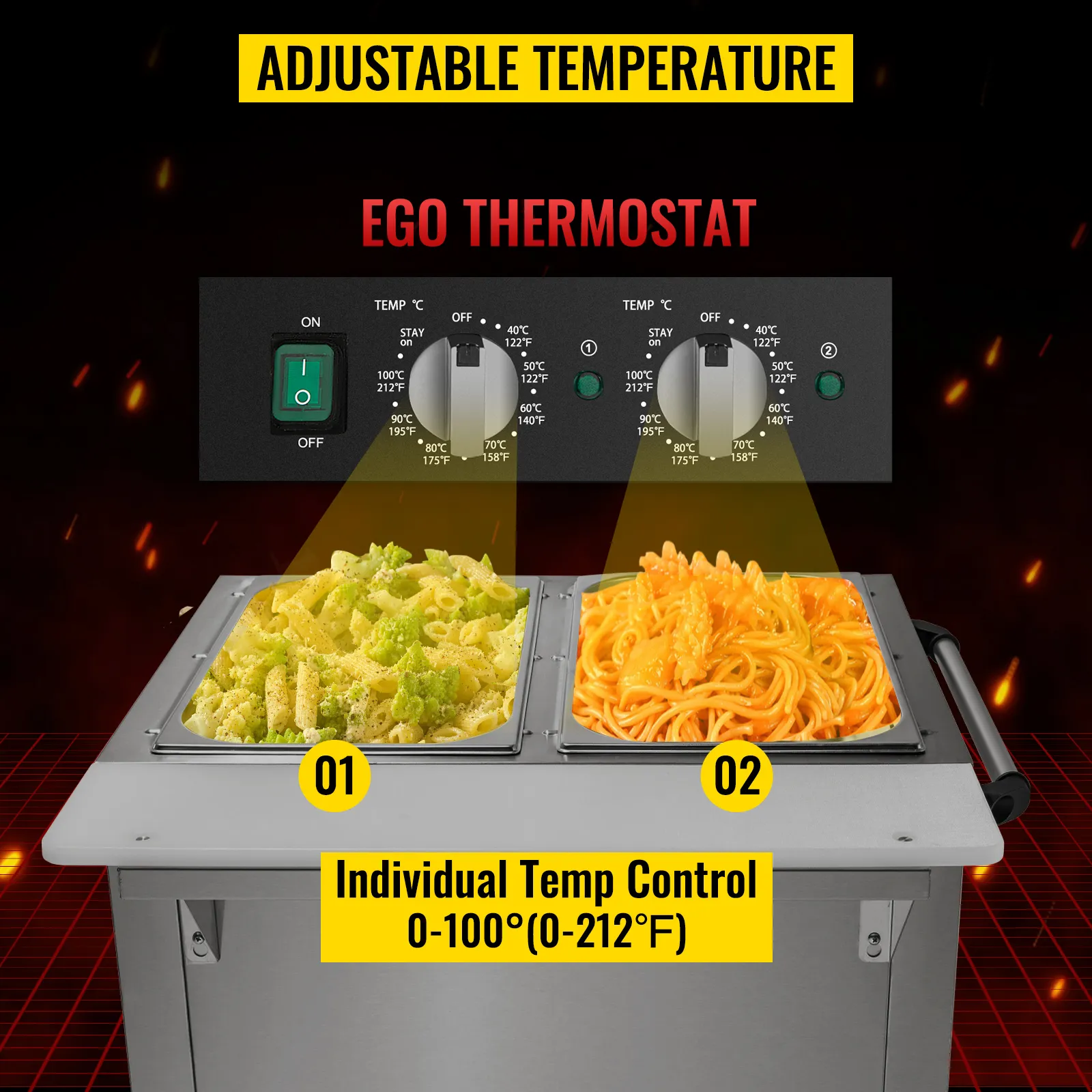 Calentador de alimentos eléctrico comercial VEVOR con termostato ego y controles de temperatura ajustables.