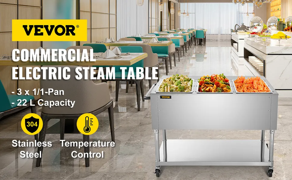 Calentador de alimentos comercial VEVOR con acero inoxidable y control de temperatura en zona de comedor.