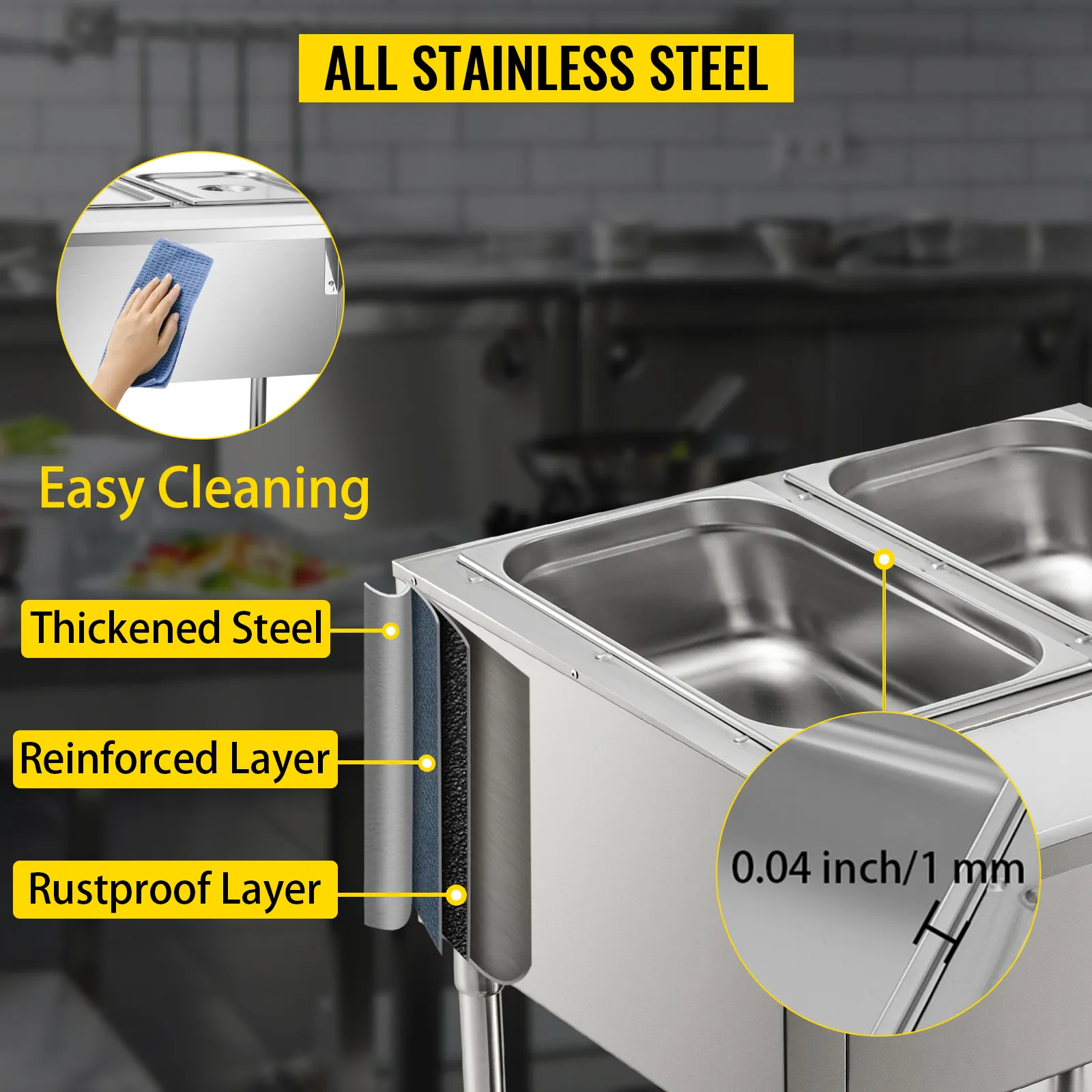 Calentador de alimentos comercial VEVOR con capas de acero inoxidable engrosadas, reforzadas y resistentes a la oxidación.