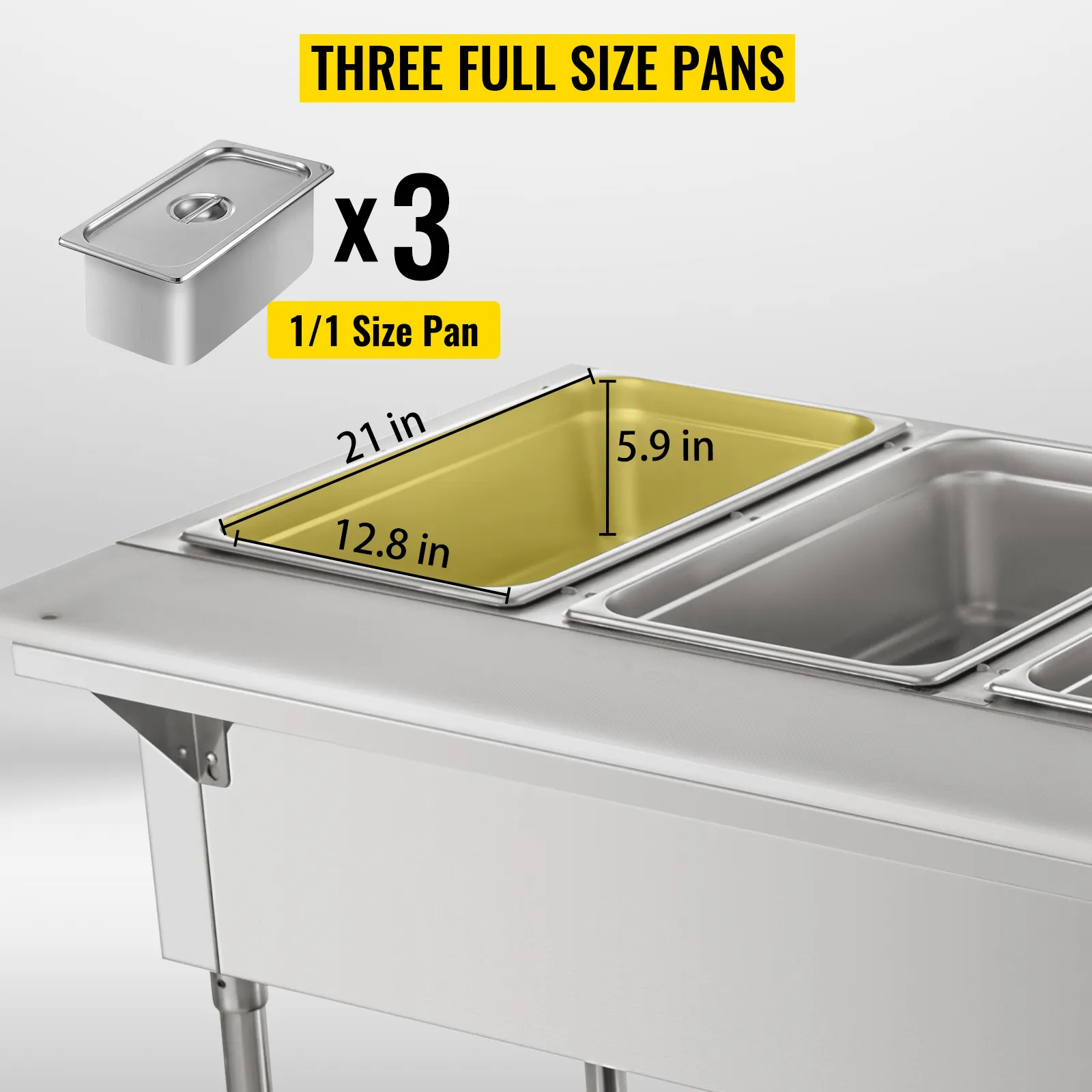 Tres sartenes de tamaño completo y sus dimensiones para el calentador de alimentos comercial VEVOR.
