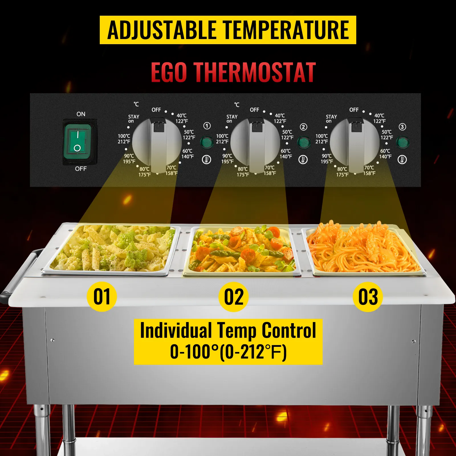 Calentador de alimentos comercial VEVOR con termostato ego y control de temperatura ajustable.
