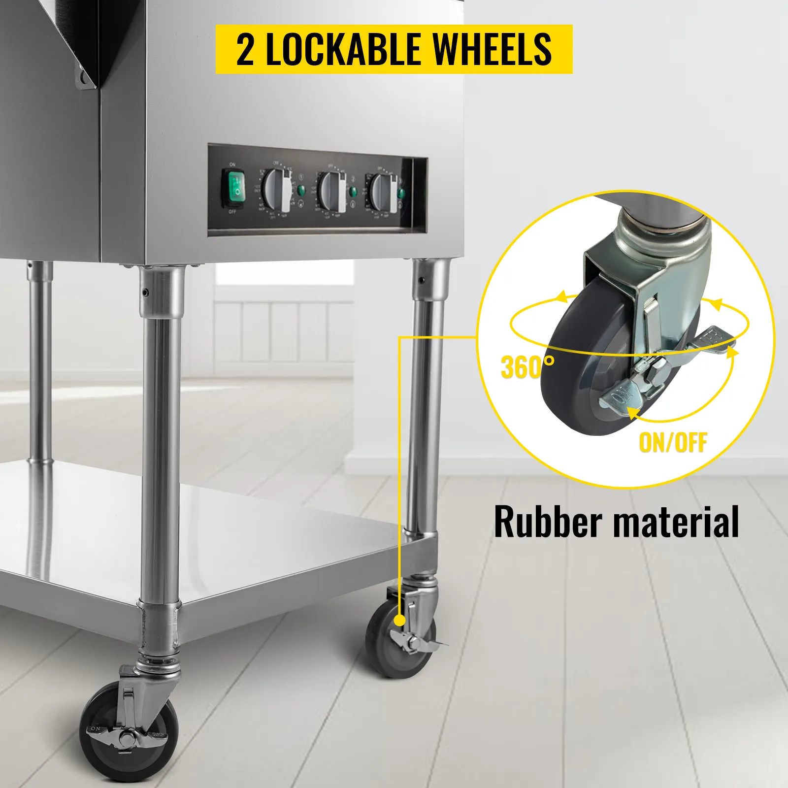 Calentador de alimentos comercial VEVOR con diales de control y 2 ruedas de goma bloqueables.