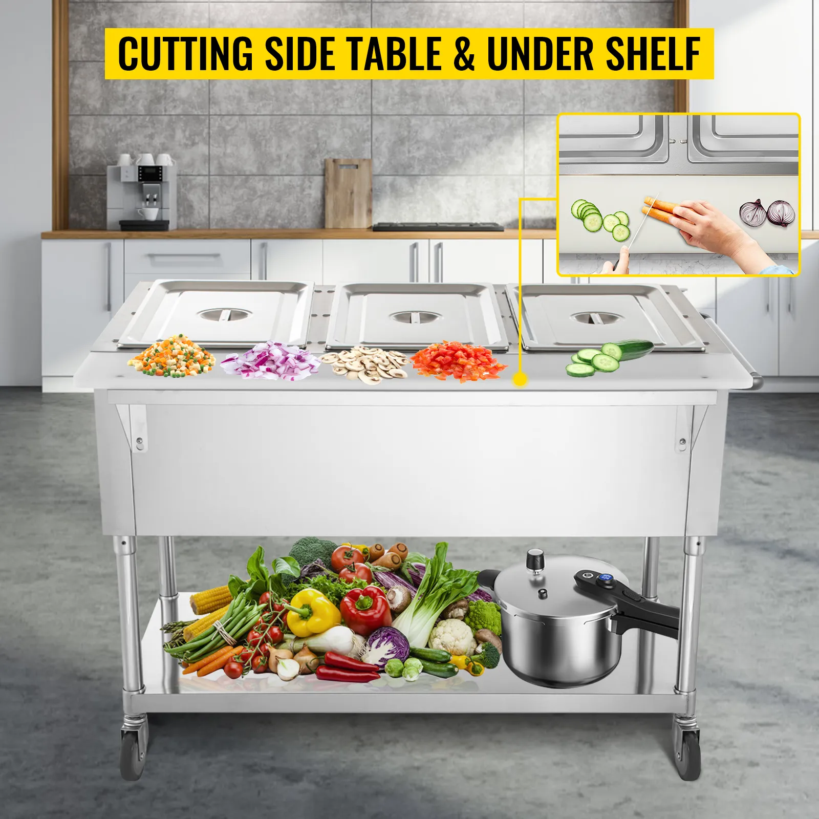 Calentador de alimentos comercial VEVOR con mesa lateral para cortar y estante inferior en la cocina