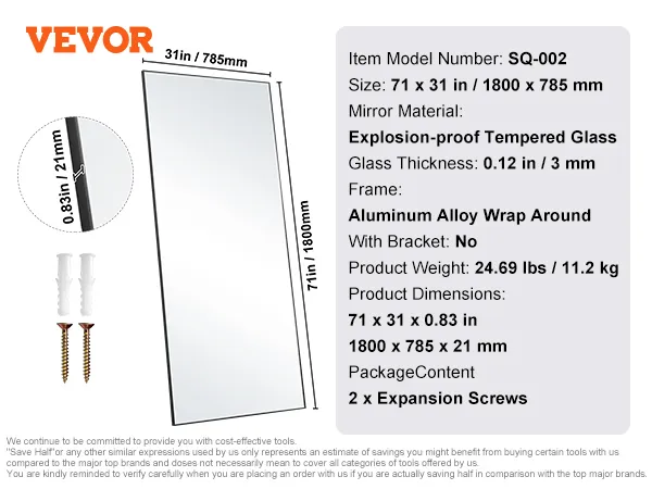 VEVOR full length mirror, 71x31 inches, explosion-proof tempered glass, aluminum alloy frame.