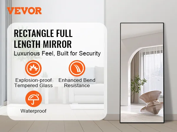 VEVOR full length mirror with explosion-proof tempered glass, enhanced bend resistance, and waterproof.