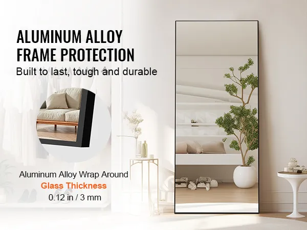 VEVOR full length mirror in a bedroom with aluminum alloy frame and 0.12 in/3 mm thick glass.