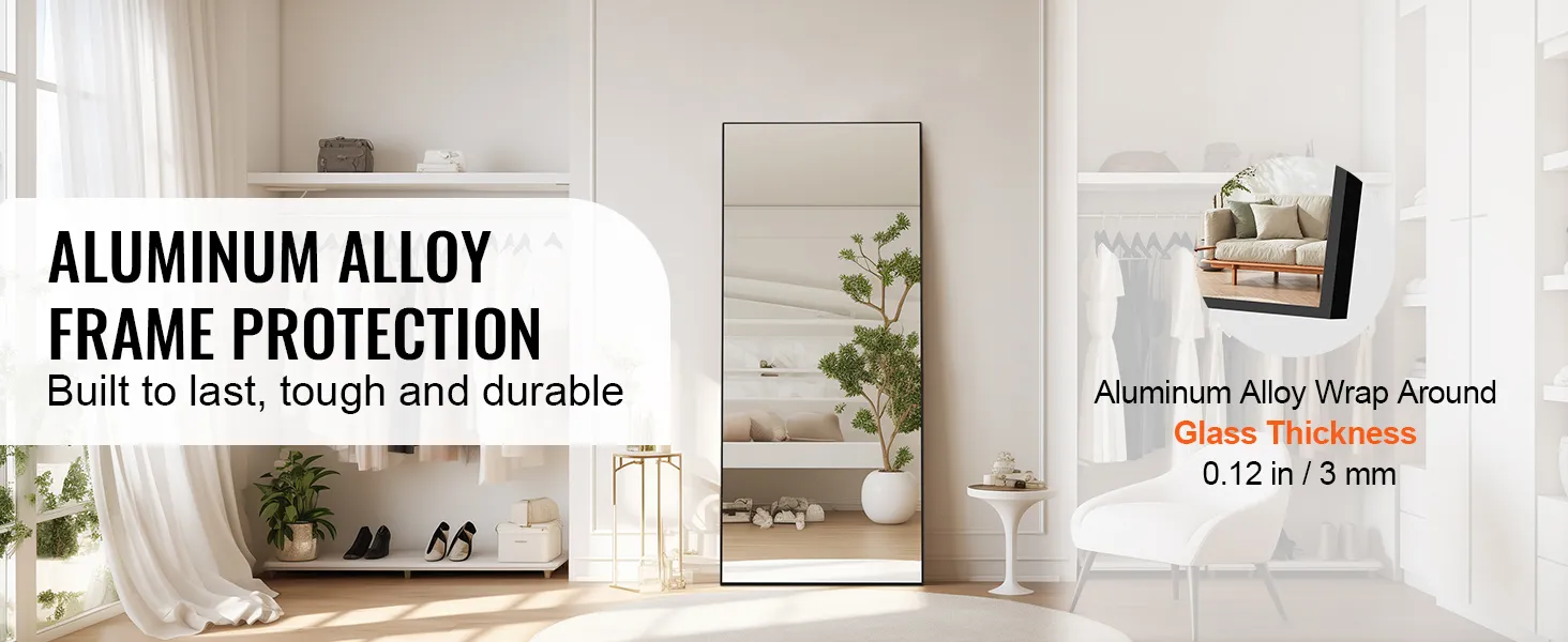 VEVOR full length mirror in a bedroom with aluminum alloy frame and 0.12 in/3 mm thick glass.