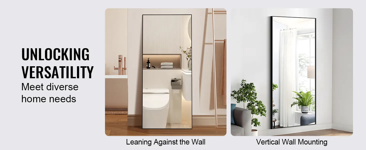 VEVOR full length mirror showcasing leaning and wall-mounted versatility for diverse home needs.