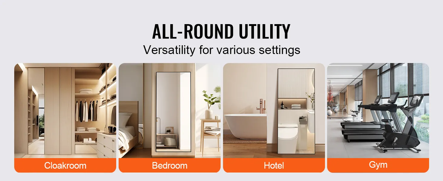VEVOR full length mirror showcasing versatility: cloakroom, bedroom, hotel, and gym settings.