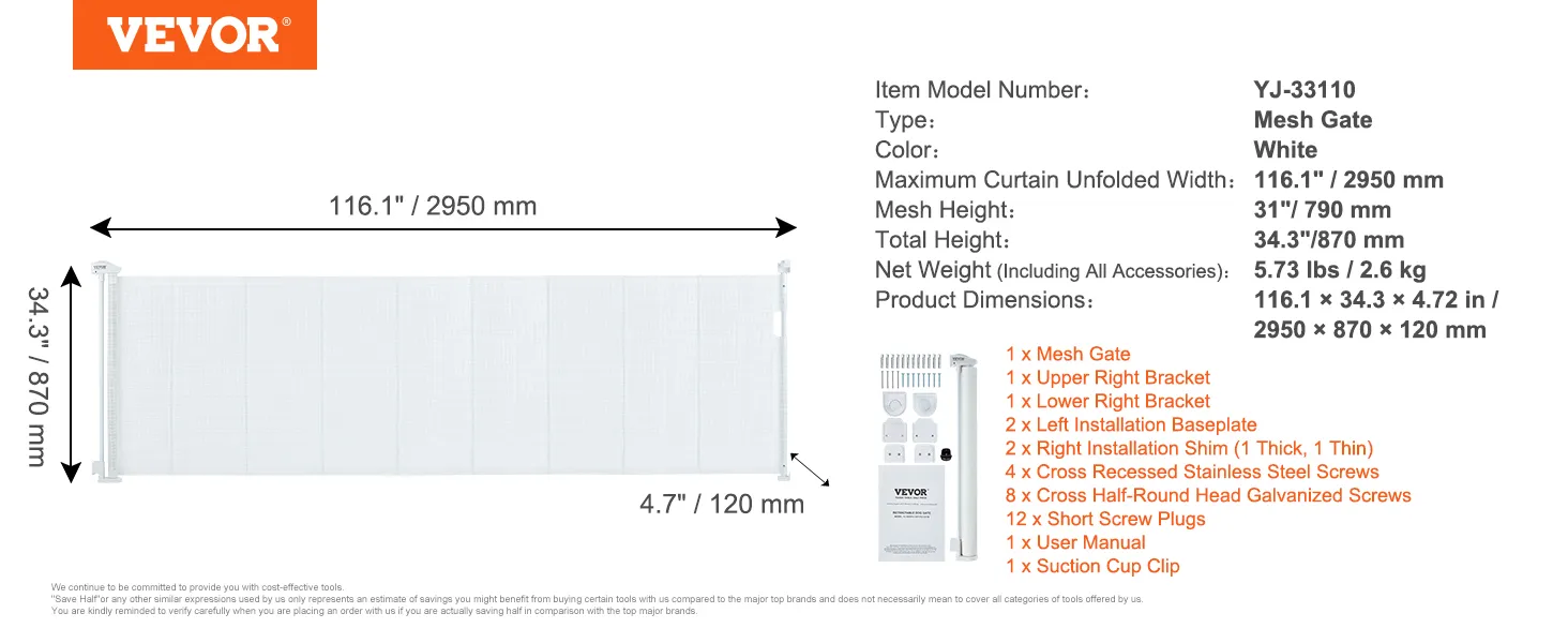 VEVOR retractable baby gate, white, mesh, width 116.1 inches, height 34.3 inches, 5.73 lbs total weight.