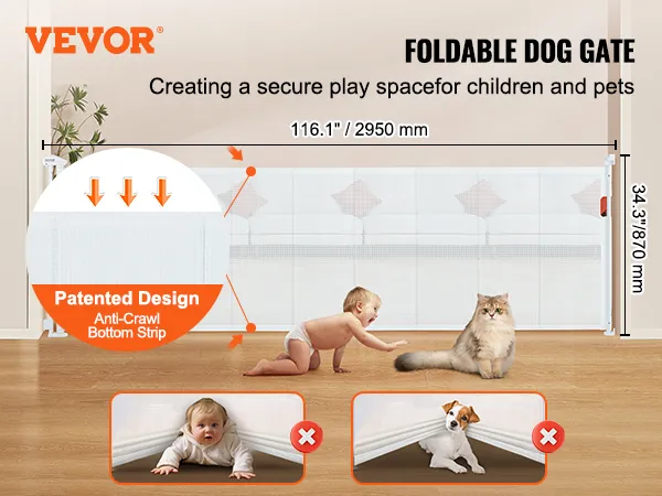 VEVOR retractable baby gate for children and pets, 116.1" width, 34.3" height, anti-crawl bottom strip