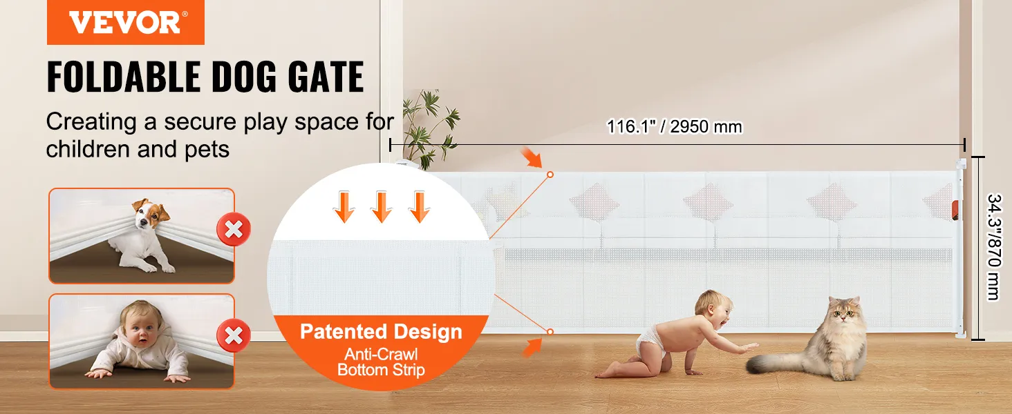 VEVOR retractable baby gate for children and pets, 116.1" width, 34.3" height, anti-crawl bottom strip