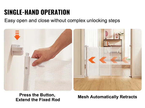 single-hand operation of VEVOR retractable baby gate, easy button press and automatic mesh retraction.
