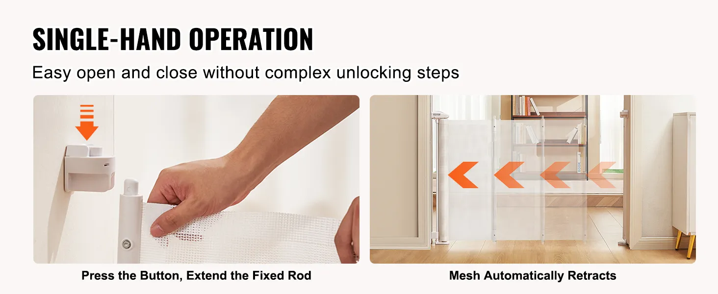 single-hand operation of VEVOR retractable baby gate, easy button press and automatic mesh retraction.