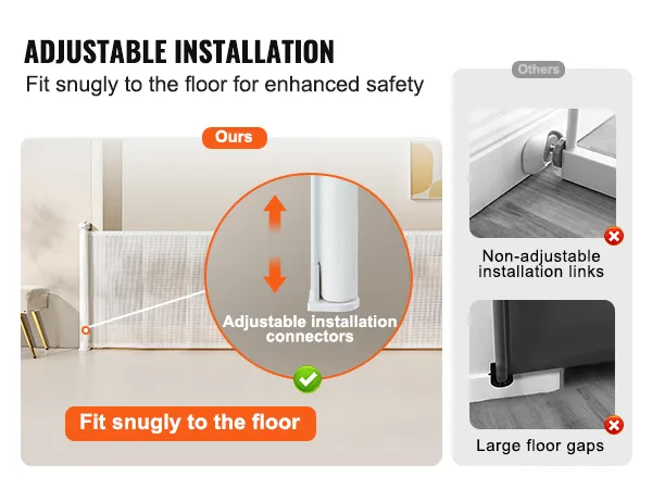 adjustable installation of the VEVOR retractable baby gate fits snugly to the floor for enhanced safety.