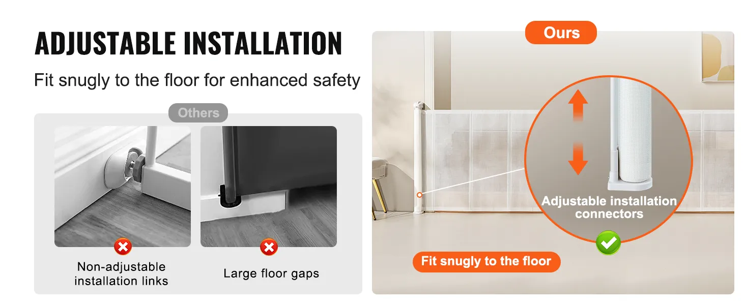 adjustable installation of the VEVOR retractable baby gate fits snugly to the floor for enhanced safety.