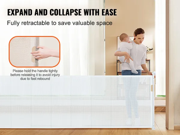 VEVOR retractable baby gate expands easily, fully retractable to save space, secure handle shown in detail.