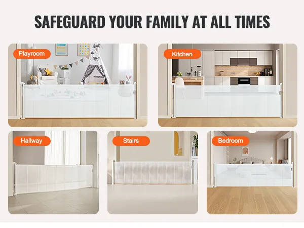 VEVOR retractable baby gate in playroom, kitchen, hallway, stairs, and bedroom setup for safety.