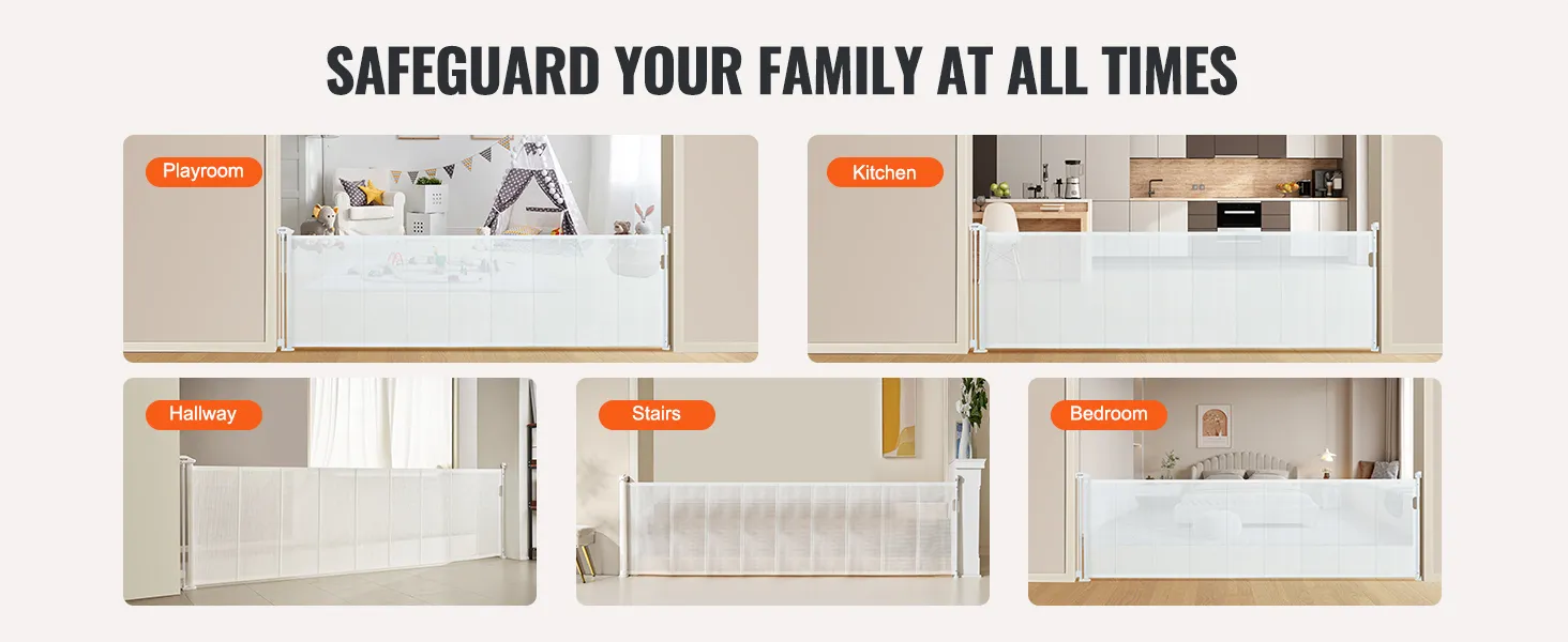VEVOR retractable baby gate in playroom, kitchen, hallway, stairs, and bedroom setup for safety.