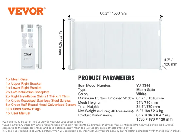 VEVOR retractable baby gate dimensions: 60.2" x 34.3" x 4.7". mesh gate with brackets and installation parts.