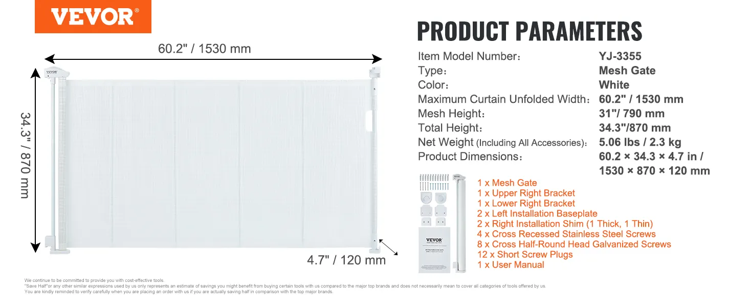 VEVOR retractable baby gate dimensions: 60.2" x 34.3" x 4.7". mesh gate with brackets and installation parts.