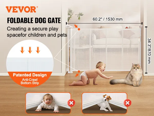 VEVOR retractable baby gate ensures a secure play space for children and pets with patented anti-crawl design.