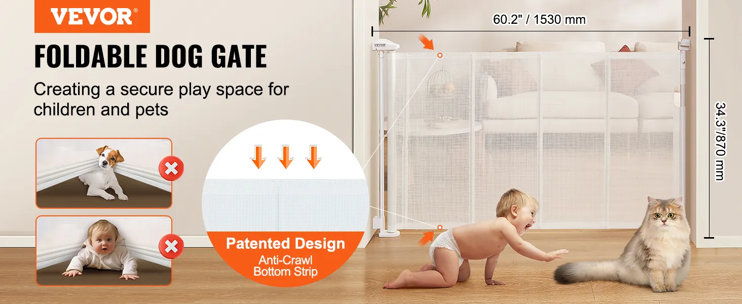 VEVOR retractable baby gate ensures a secure play space for children and pets with patented anti-crawl design.