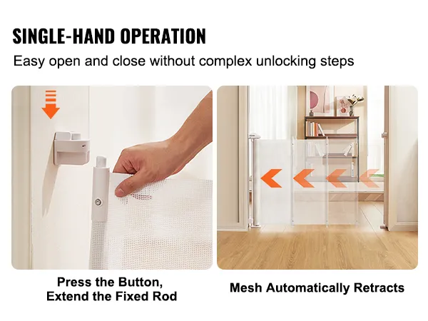 single-hand operation for VEVOR retractable baby gate with easy open and automatic retraction mechanism.
