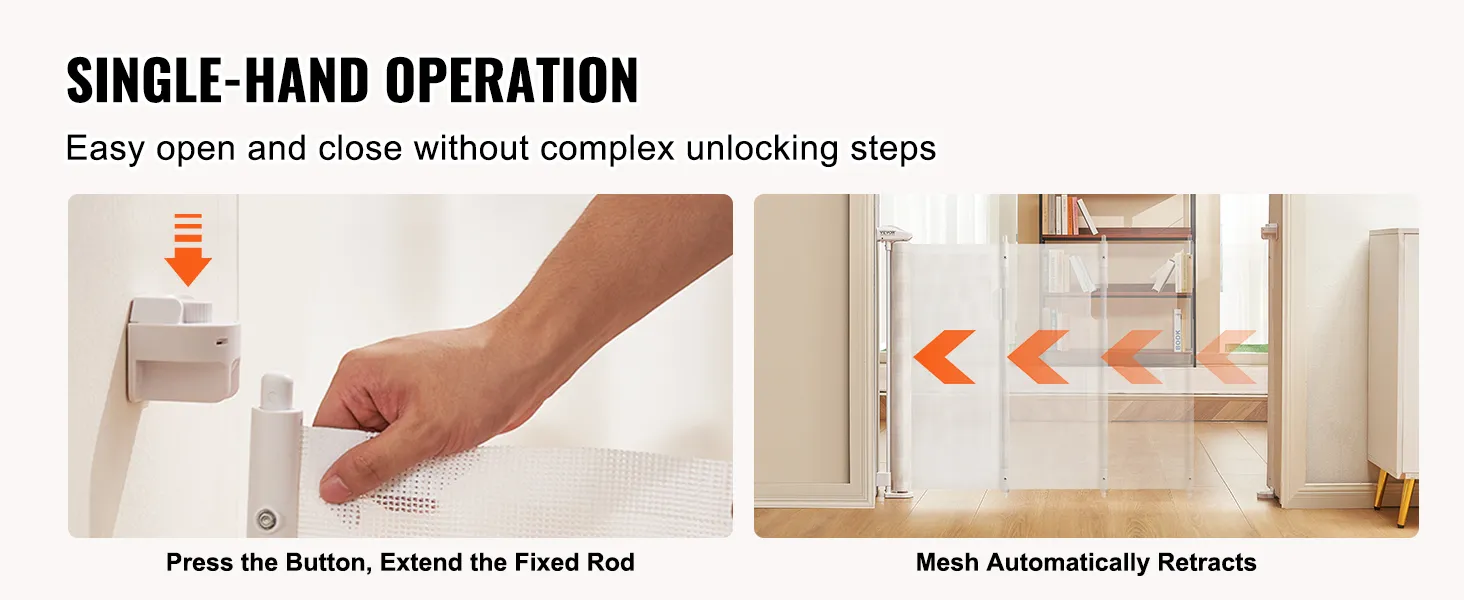 single-hand operation for VEVOR retractable baby gate with easy open and automatic retraction mechanism.