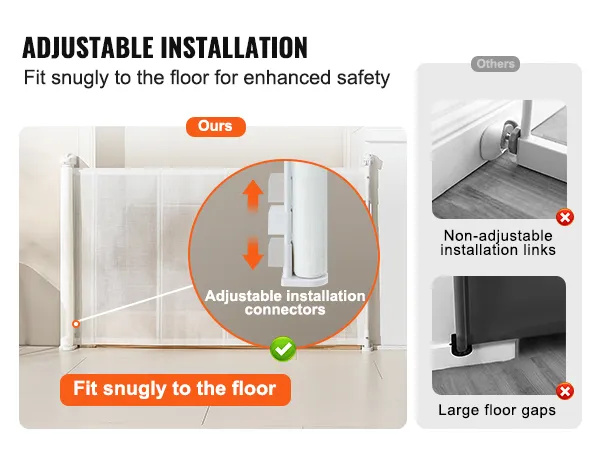 VEVOR retractable baby gate with adjustable installation connectors fitting snugly for enhanced safety.