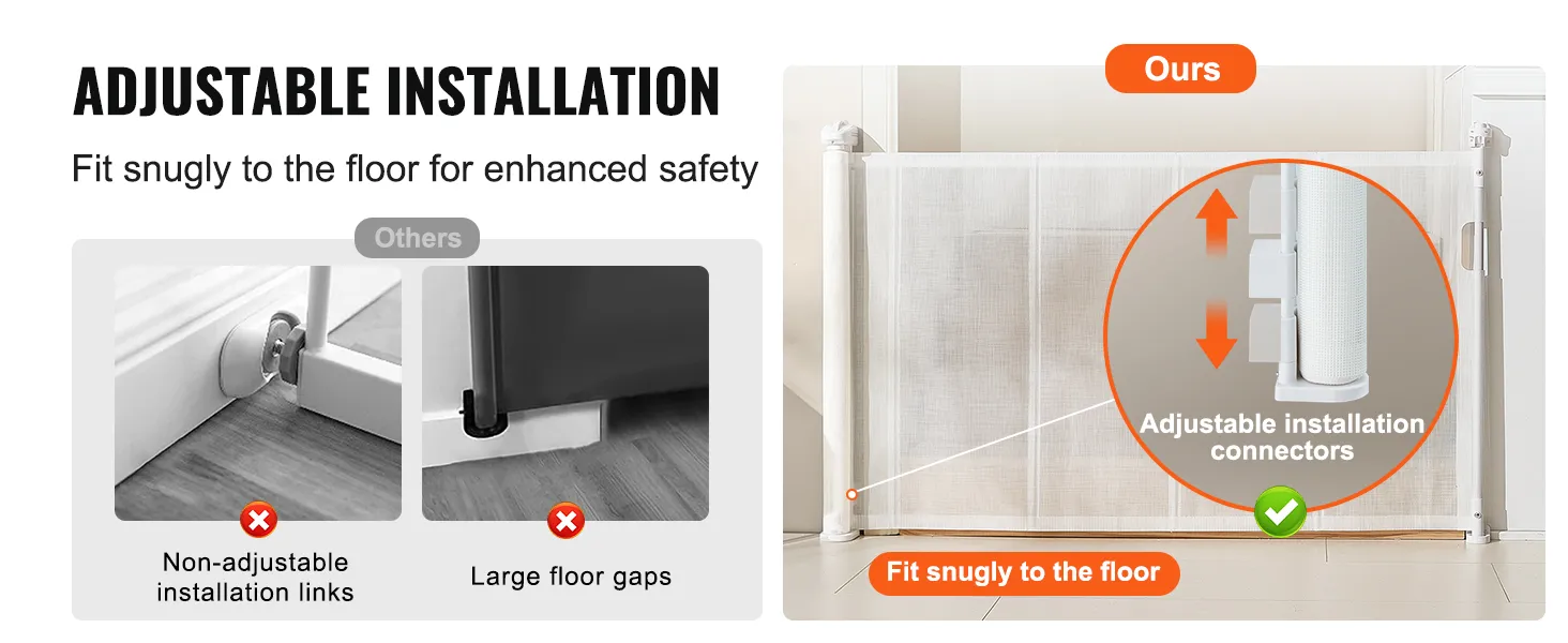 VEVOR retractable baby gate with adjustable installation connectors fitting snugly for enhanced safety.