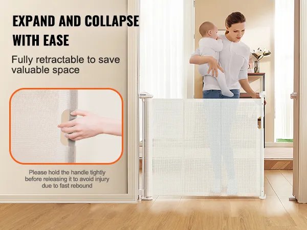 VEVOR retractable baby gate in white, expanding and collapsing with ease to save valuable space.
