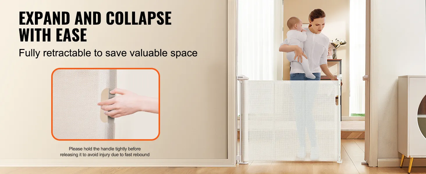 VEVOR retractable baby gate in white, expanding and collapsing with ease to save valuable space.