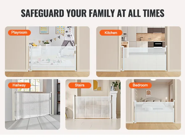 VEVOR retractable baby gate securing playroom, kitchen, hallway, stairs, and bedroom for family safety.