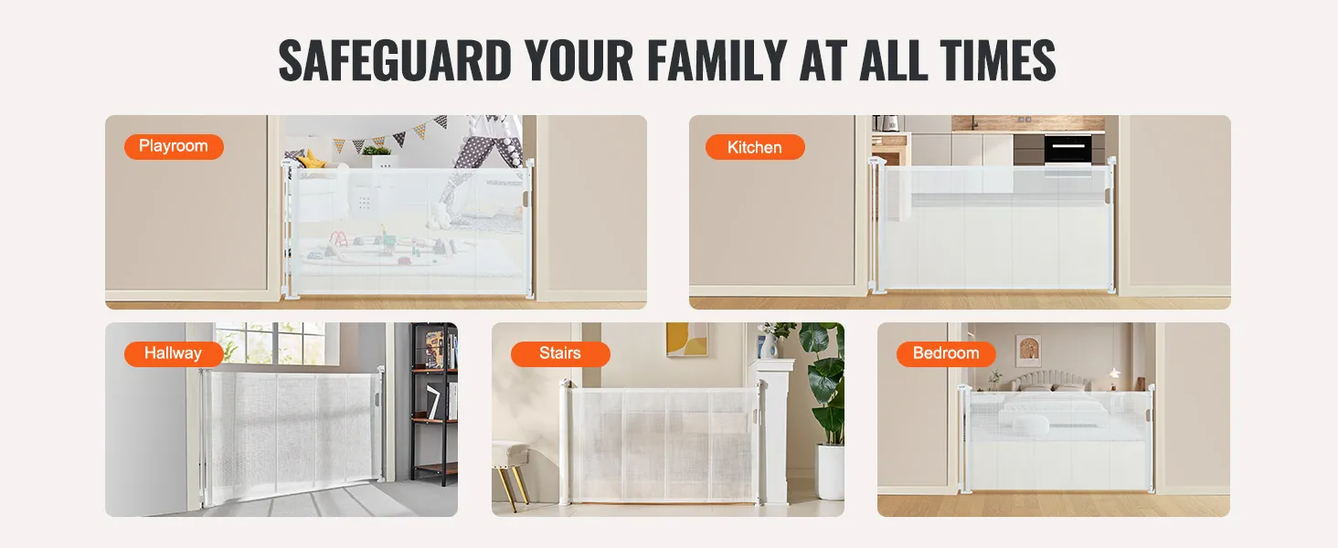 VEVOR retractable baby gate securing playroom, kitchen, hallway, stairs, and bedroom for family safety.