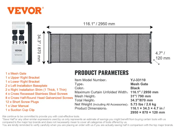 VEVOR uitschuifbaar babyhekje, zwart, afmetingen 116,1" x 34,3", inclusief beugels en schroeven.