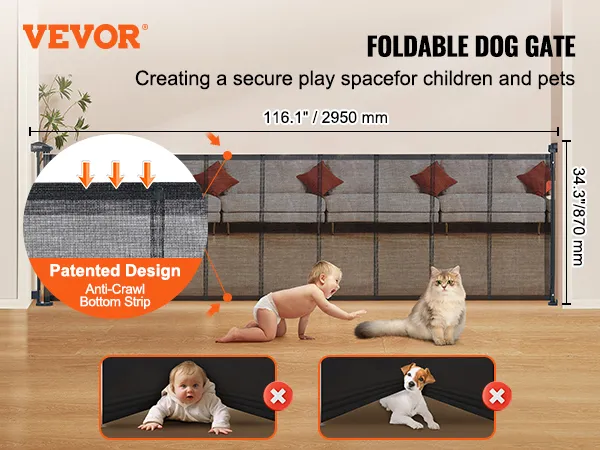 VEVOR uitschuifbaar babyhekje toont opvouwbaar hondenhekje, gepatenteerd ontwerp en afmetingen in de woonkamer.
