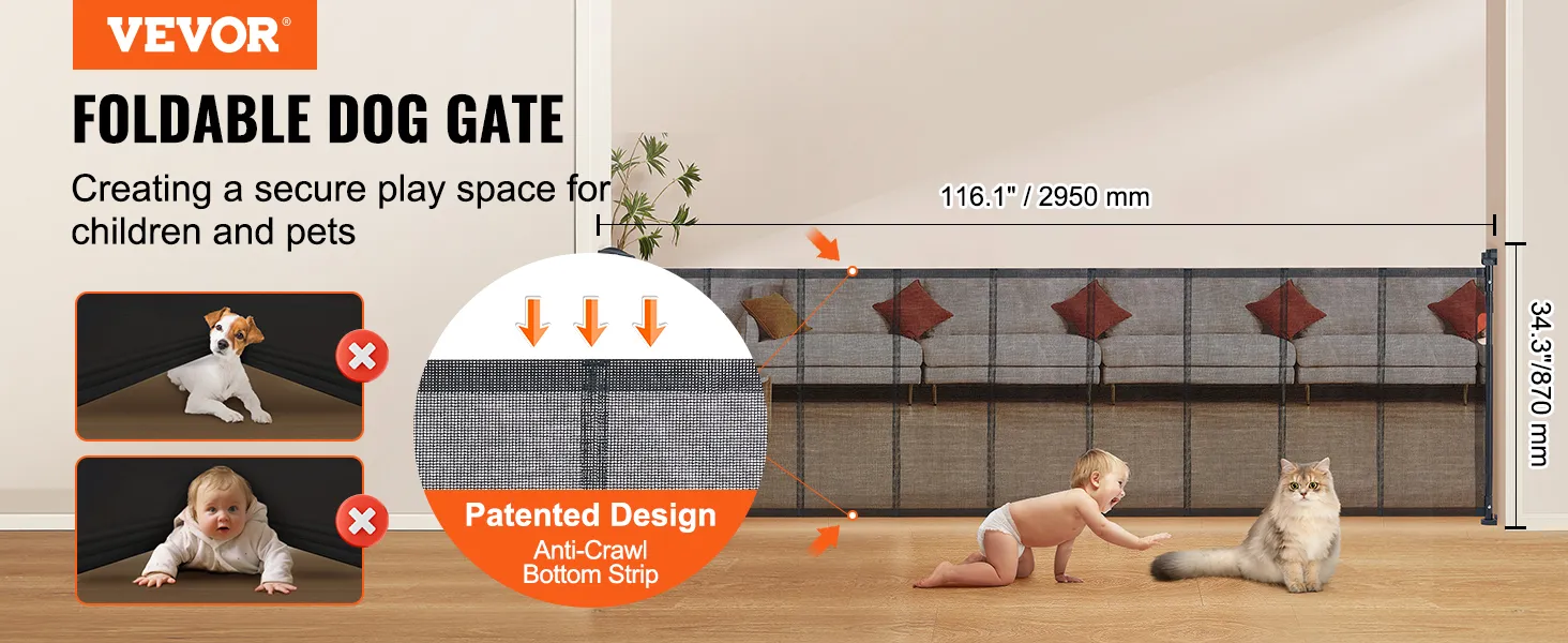 VEVOR uitschuifbaar babyhekje toont opvouwbaar hondenhekje, gepatenteerd ontwerp en afmetingen in de woonkamer.