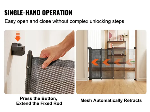 VEVOR uitschuifbaar babyhekje met éénhandsbediening voor eenvoudig gebruik, het gaas rolt automatisch in.