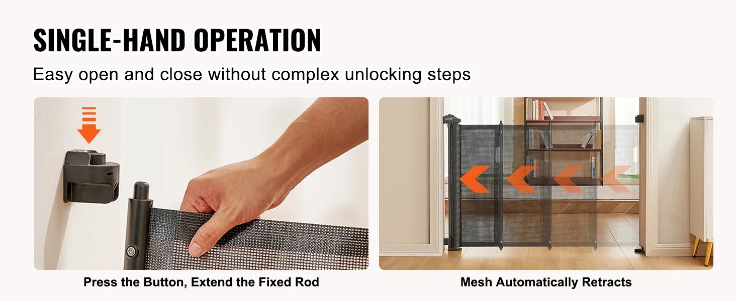 VEVOR uitschuifbaar babyhekje met éénhandsbediening voor eenvoudig gebruik, het gaas rolt automatisch in.