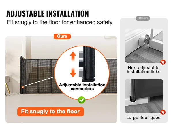 De verstelbare installatie van het VEVOR uitschuifbare babyhekje past precies op de vloer, wat zorgt voor extra veiligheid.