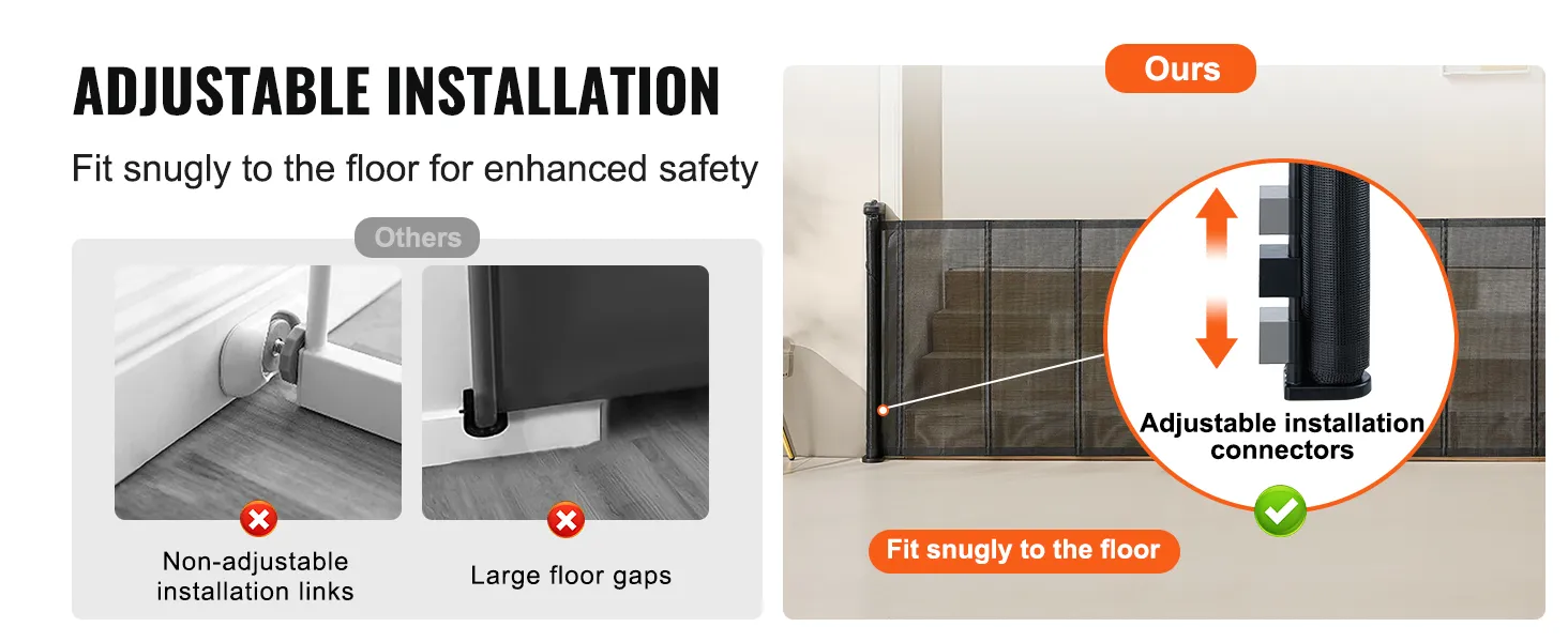 De verstelbare installatie van het VEVOR uitschuifbare babyhekje past precies op de vloer, wat zorgt voor extra veiligheid.